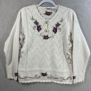 Vintage 90s Capacity Embroidered Grandmacore‎ Floral Ivory Sweater Sz MP Petite